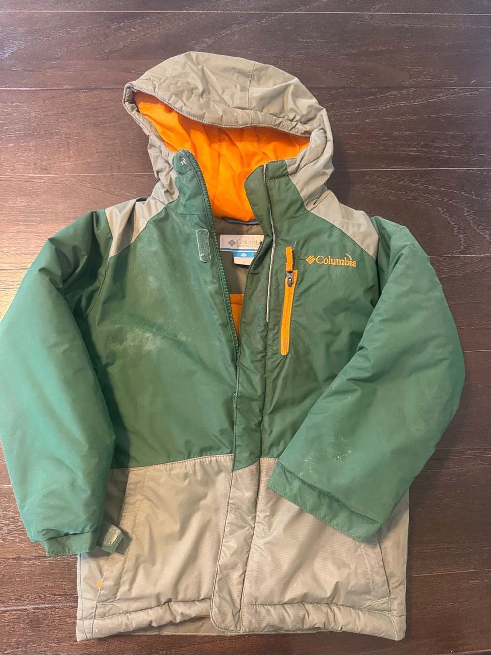 Columbia Green & Tan Kids Insulated Hooded Puffer with Orange Accent